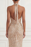 Sequined Sparkly Mermaid Ruched Champagne Long Prom Dress with Slit