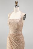 Sequined Sparkly Mermaid Ruched Champagne Long Prom Dress with Slit