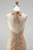 Sequined Sparkly Mermaid Ruched Champagne Long Prom Dress with Slit