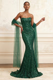 Dark Green Sparkly Sequined Mermaid Strapless Long Prom Dress
