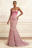 Pink Floral Corset Mermaid Cowl Neck Long Prom Dress