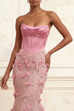 Pink Floral Corset Mermaid Cowl Neck Long Prom Dress