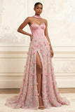 Pink Floral Corset A Line Sweetheart Long Prom Dress with Slit