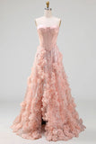 Appliqued Floral Blush Corset A Line Long Prom Dress with Slit