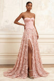 Appliqued Floral Blush Corset A Line Long Prom Dress with Slit