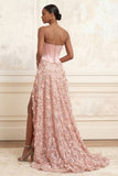 Appliqued Floral Blush Corset A Line Long Prom Dress with Slit