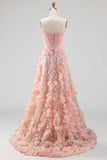 Appliqued Floral Blush Corset A Line Long Prom Dress with Slit