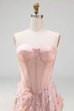 Appliqued Floral Blush Corset A Line Long Prom Dress with Slit
