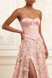 Appliqued Floral Blush Corset A Line Long Prom Dress with Slit