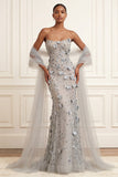 Silver Floral Appliqued Sheath Strapless Long Prom Dress