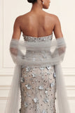 Silver Floral Appliqued Sheath Strapless Long Prom Dress
