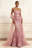 Sequined Sparkly Floral Pink Mermaid Long Prom Dress