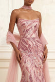 Sequined Sparkly Floral Pink Mermaid Long Prom Dress