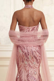 Sequined Sparkly Floral Pink Mermaid Long Prom Dress