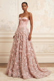 Corset Floral A Line Blush Appliqued Blush Long Prom Dress