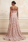 Corset Floral A Line Blush Appliqued Blush Long Prom Dress