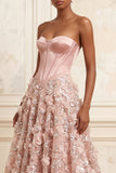 Corset Floral A Line Blush Appliqued Blush Long Prom Dress
