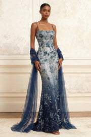 Spaghetti Straps Navy Mermaid Sparkly Sequined Long Prom Dress with Cape
