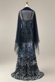 Spaghetti Straps Navy Mermaid Sparkly Sequined Long Prom Dress with Cape