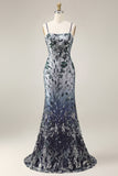 Spaghetti Straps Navy Mermaid Sparkly Sequined Long Prom Dress with Cape