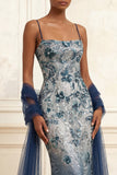 Spaghetti Straps Navy Mermaid Sparkly Sequined Long Prom Dress with Cape