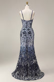 Spaghetti Straps Navy Mermaid Sparkly Sequined Long Prom Dress with Cape