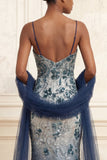 Spaghetti Straps Navy Mermaid Sparkly Sequined Long Prom Dress with Cape