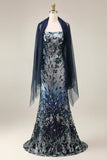 Spaghetti Straps Navy Mermaid Sparkly Sequined Long Prom Dress with Cape
