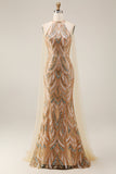 Champagne Floral Mermaid Halter Neck Long Prom Dress with Cape