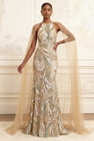 Champagne Floral Mermaid Halter Neck Long Prom Dress with Cape