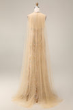 Champagne Floral Mermaid Halter Neck Long Prom Dress with Cape