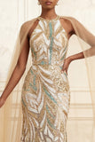 Champagne Floral Mermaid Halter Neck Long Prom Dress with Cape