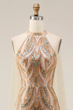 Champagne Floral Mermaid Halter Neck Long Prom Dress with Cape