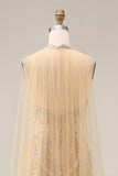 Champagne Floral Mermaid Halter Neck Long Prom Dress with Cape