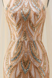 Champagne Floral Mermaid Halter Neck Long Prom Dress with Cape