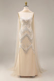 Sparkly Apricot Sheath Spaghetti Straps Beaded Long Prom Dress