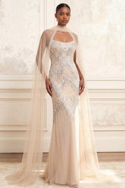 Sparkly Apricot Sheath Spaghetti Straps Beaded Long Prom Dress