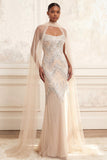 Sparkly Apricot Sheath Spaghetti Straps Beaded Long Prom Dress
