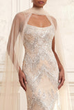 Sparkly Apricot Sheath Spaghetti Straps Beaded Long Prom Dress