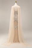 Sparkly Apricot Sheath Spaghetti Straps Beaded Long Prom Dress