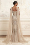 Sparkly Apricot Sheath Spaghetti Straps Beaded Long Prom Dress