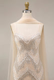 Sparkly Apricot Sheath Spaghetti Straps Beaded Long Prom Dress