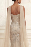 Sparkly Apricot Sheath Spaghetti Straps Beaded Long Prom Dress