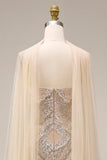 Sparkly Apricot Sheath Spaghetti Straps Beaded Long Prom Dress