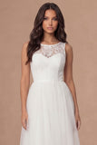 White A Line Long Tulle Wedding Reception Dress with Lace