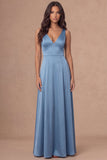 White V-Neck A Line Long Satin Wedding Reception Dress