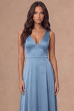 White V-Neck A Line Long Satin Wedding Reception Dress