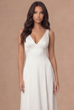 White V-Neck A Line Long Satin Wedding Reception Dress