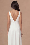 White V-Neck A Line Long Satin Wedding Reception Dress