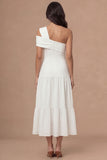 White One Shoulder Chiffon A Line Long Wedding Reception Dress